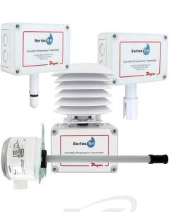 Dwyer RHP Humidity/Temperature Transmitters. Clockwise from top left: Outside air with sintered filter, outside air with radiation shield, outside air, and duct mount models