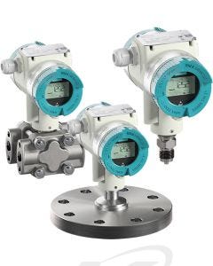 Siemens SITRANS P420 SIL-Rated Smart Pressure and Differential Pressure Transmitter Family (L to R): Oval Flange Process Connection, Flush-Mount Diaphragm Connection, Threaded Connection, All with Digital Display and Window Cover