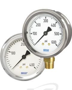 WIKA 212.53 (Dry) and 213.53 (Liquid-Filled) Stainless Steel Industrial Pressure Gauges. Available in 2", 2.5", and 4" Dials, Bottom Stem or Center Back Mount