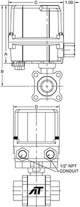 Dimensions: A-T Controls Series 88 3 Piece Ball Valve with Electric Actuator