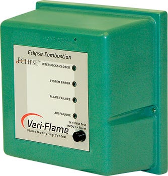 Retired Eclipse Veriflame (Honeywell) burner control system. Fireye SB is a direct drop-in replacement